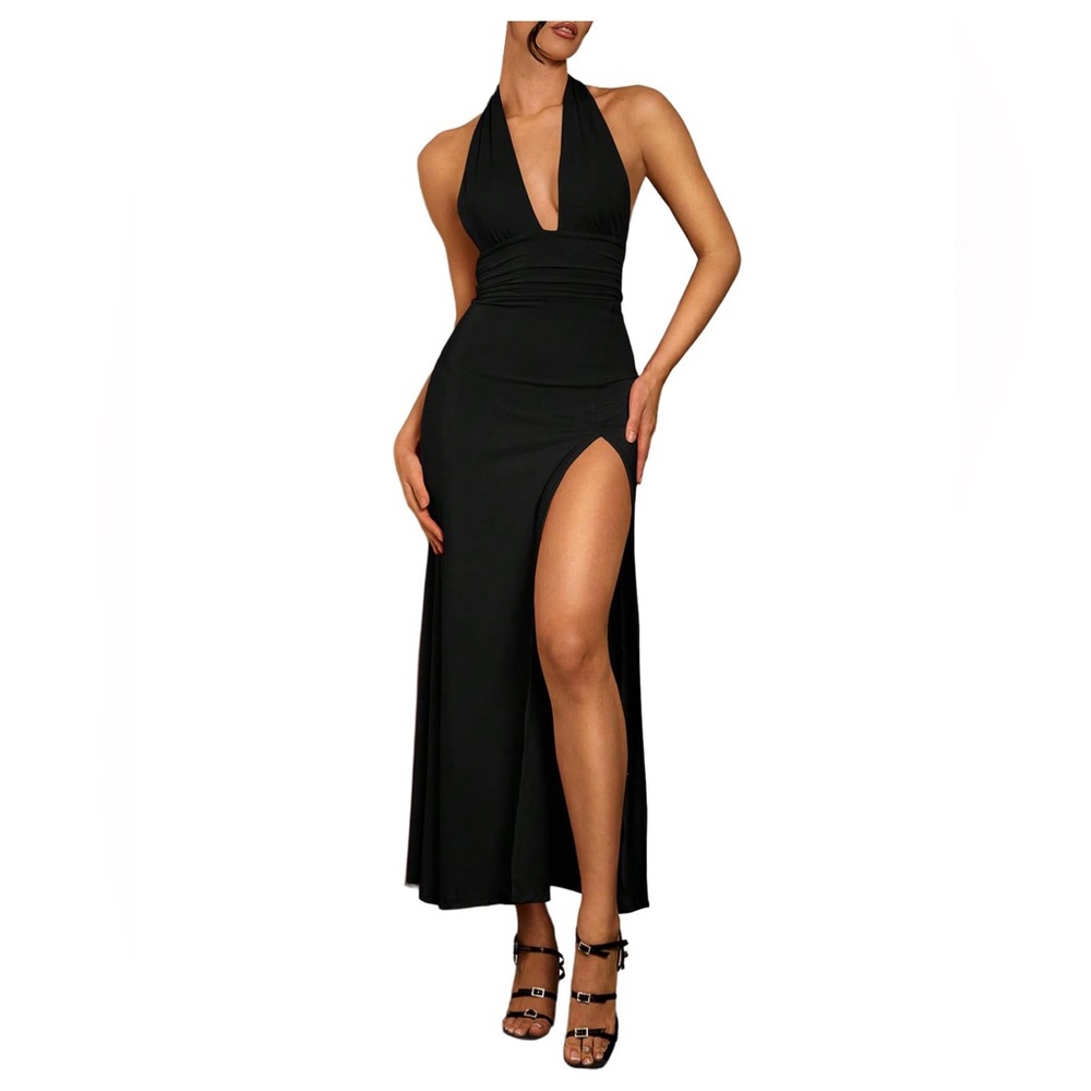 Halter Maxi Dress Deep V Neck Sleeveless Ruched Split Party Cocktail Bodycon S
